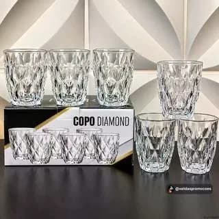 Jogo 6 Copos Baixos Diamond 300ml Vidro Resistente Diamante