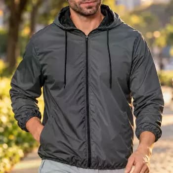 Jaqueta Corta Vento Masculina Impermeável Capuz Zíper Bolso Cinza-claro Gg Liso