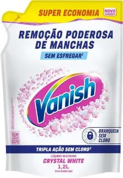 Tira Manchas Líquido Vanish White 1,2L Refil para Roupas Brancas. Sem Cloro, remove manchas sem danificar os tecidos e deixa o branco até 5 tons mais branco. Confie em Vanish.