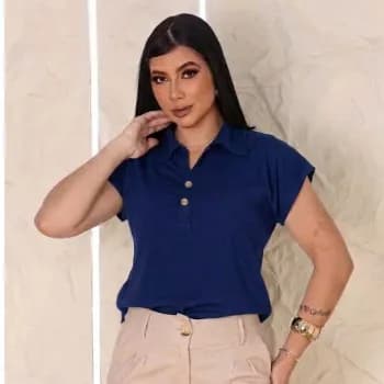 Blusa Feminina Gola Polo Viscose Manga Curta Social Casual Camisa Feminina com Botões Trabalho Escritório