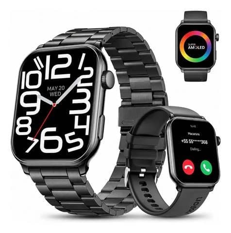 Relógio Inteligente Smartwatch Chamadas Bluetooth Aolon GTS3 Preto Masculino Feminino Esportivo Notificações Instantâneas Agua IP68 1.85 AMOLED Com Codificador Monitor Cardíaco SpO2 2 Pulseiras