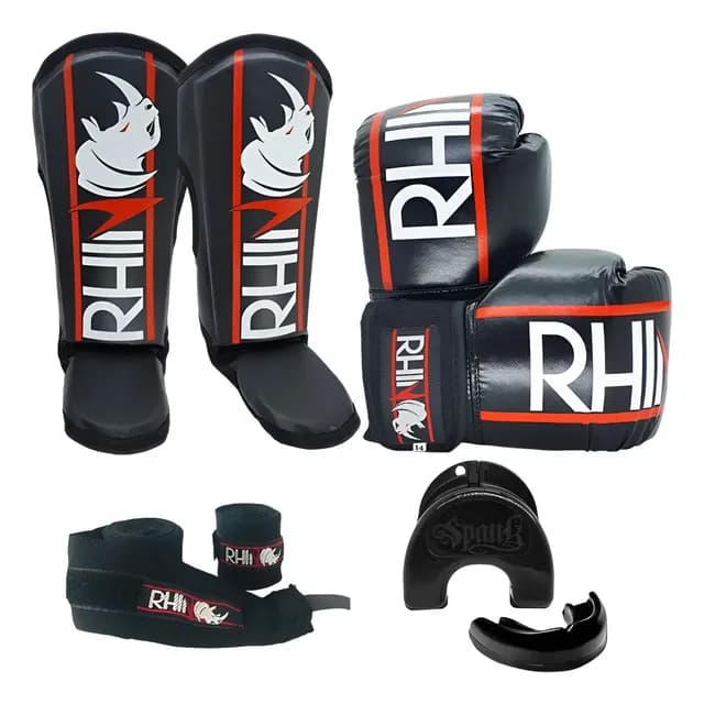Kit Muay Thai Kickboxing com Luva de Boxe, Caneleira, Bandagem e Protetor Bucal