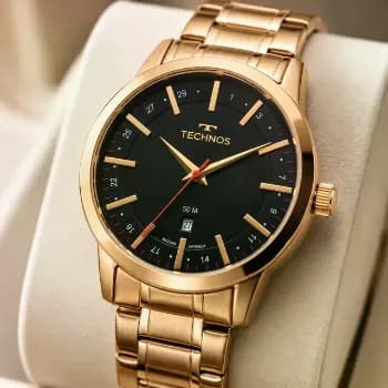 Relógio Technos Masculino Dourado de Aço Inox Analógico com Calendário