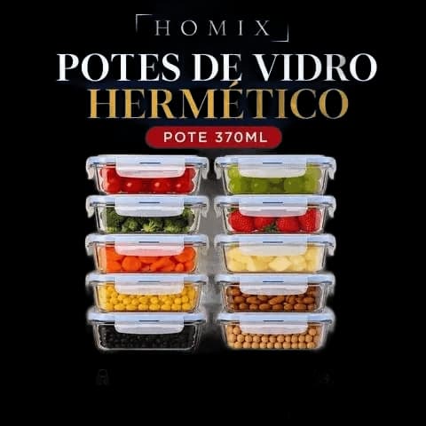 Kit 10 Potes Vidro Hermético 370ml Retangular 4 Travas Marmita Premium