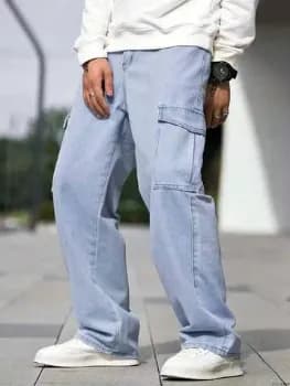 Calça Cargo Jeans Larga Bolsos Lateral Streetwear Skatista