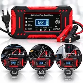 Carregador De Bateria 12v 6a Bivolt Inteligente Carro Moto Caminhão Automotivo 4ah A 100ah Com Função Reparo Display Digital Proteção Carga Emergencia Portátil Resistente Eficiente Multifuncional
