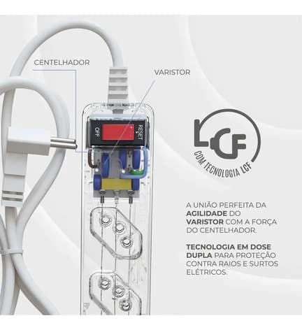 Iclamper Energia 5 Tomadas Lcf Transparente Filtro De Linha E Protetor Elétrico Dps Bivolt
