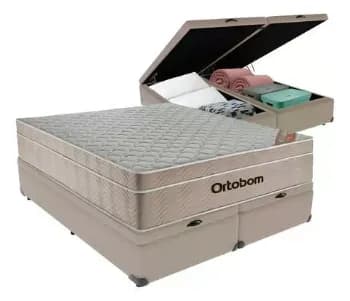 Cama Box Baú Queen Ortobom Airtech Molas Ensacadas Bege Com Suede