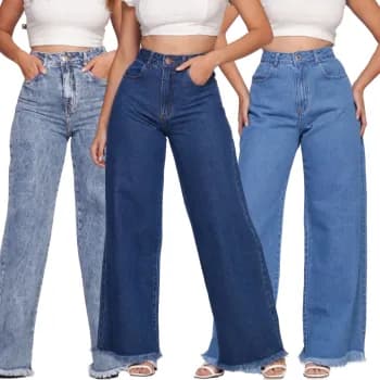 Calça Jeans Cintura Alta Wide Leg (Tam.34 ao 46 em 3 Cores)