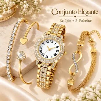 Kit Relógio Feminino Dourado + 3 Pulseiras Coração Infinito Strass 4 Peças