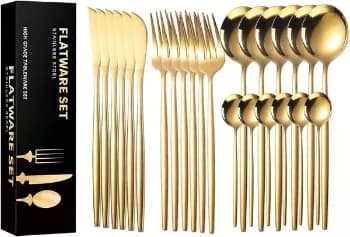 Auxom Faqueiro 24 Peças Em Aço Inox 430 - Jogo De Talheres Premium Com Caixa Litografada, Polido E Espelhado De Faca E Garfo Conjunto Para Mesa Posta E Utensílios De Casa/restaurante (dourado)