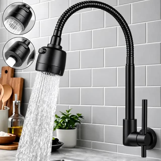 Torneira Cozinha Inox 360° Flexível 2 Jato Bancada De Parede Preto Brilhante