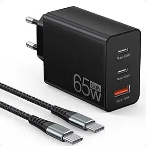 Carregador USB C de 65 W,carregador rápido USB de 3 portas com cabo de carregamento de 2 m,fonte de alimentação USB C para MacBook Air Pro M1/M2,iPhone 16 Pro/Max/15/14,Galaxy,tablet,laptop,etc.